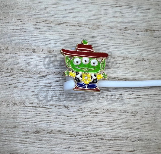 Straw Topper - Metal - Green Alien Toy Cowboy Character