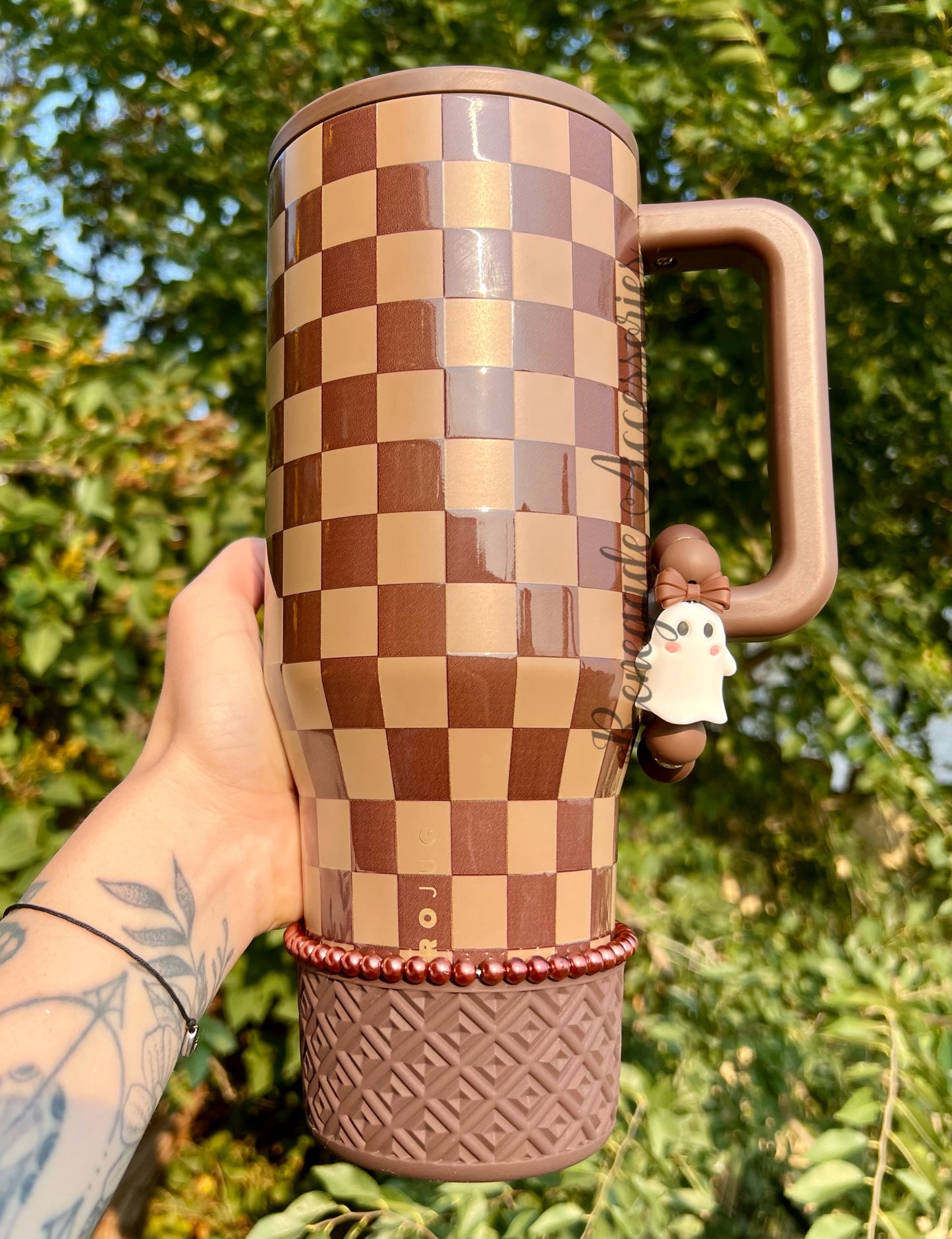 Silicone Charm - Brown Bow Ghost - Autumn Checkers