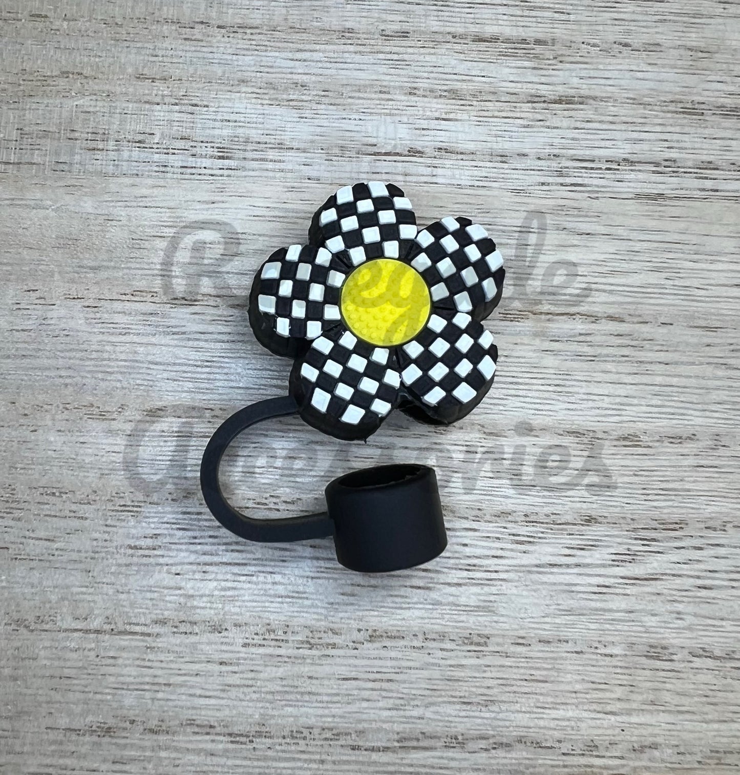 Straw Topper - Checkered Daisy - Double Sided