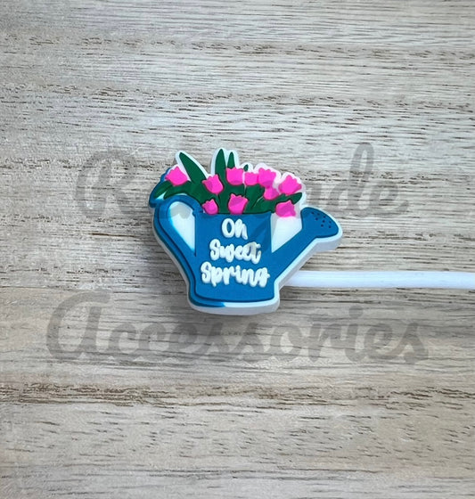 Straw Topper - Oh Sweet Spring Watering Can - Flowers