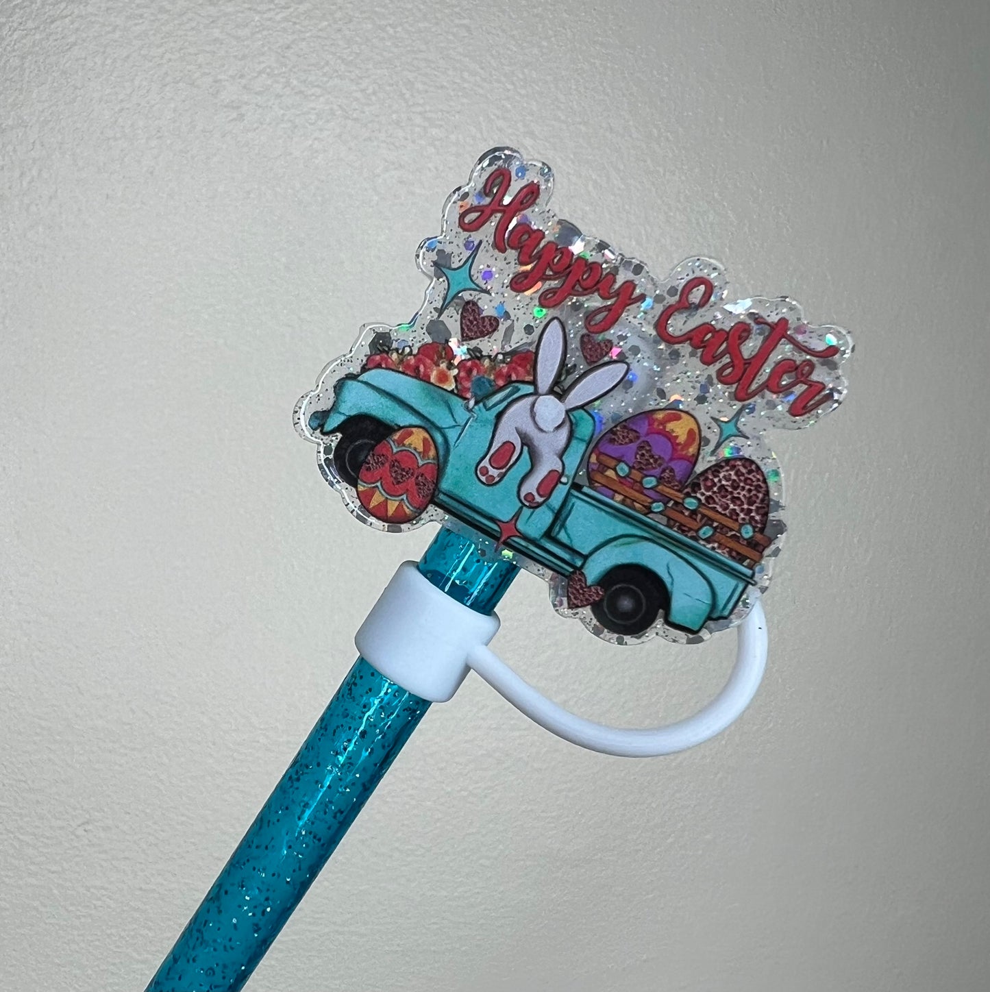 Straw Topper - Acrylic - Happy Easter Bunny Truck