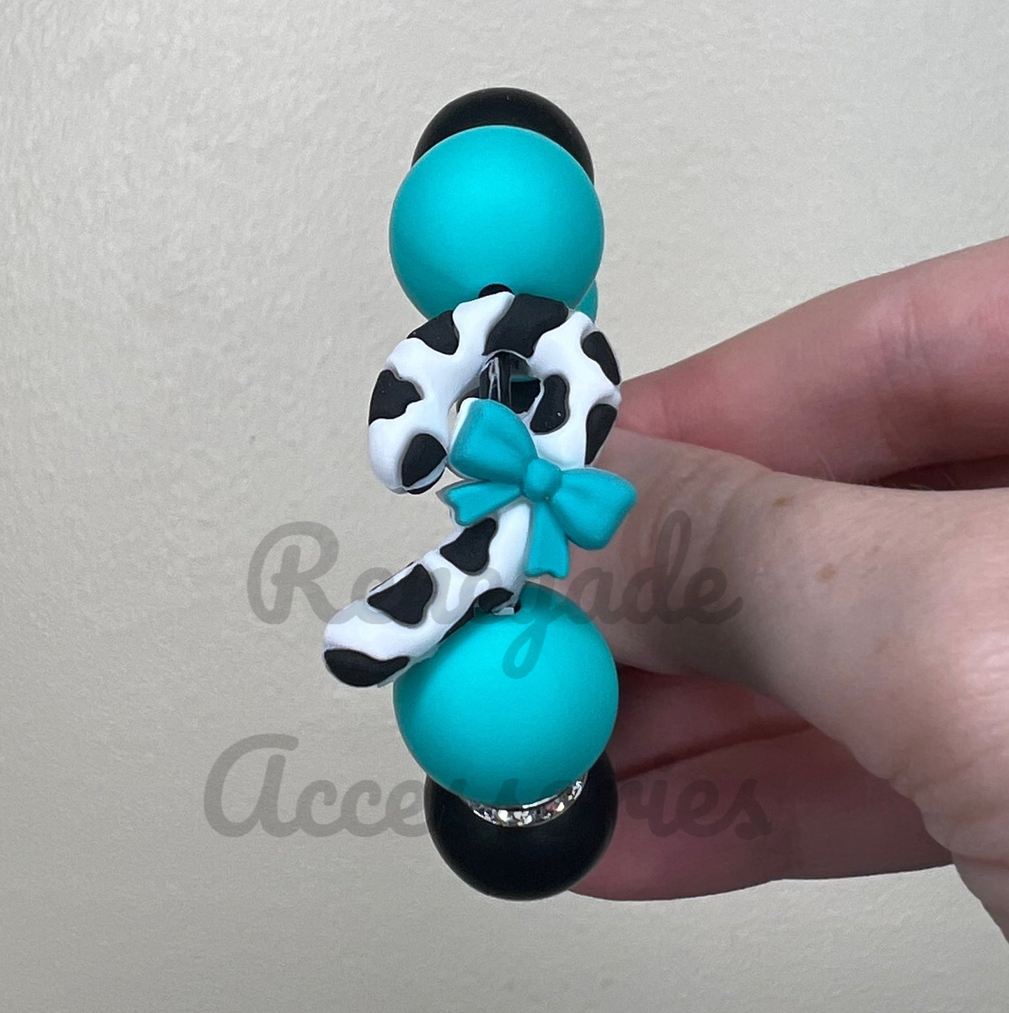 Silicone Charm - Cow Print Candy Cane Turquoise Bow