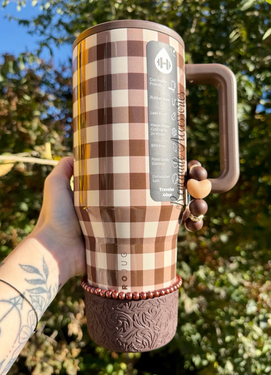 Silicone Charm - Glitter Heart - Brown/Coconut Gingham