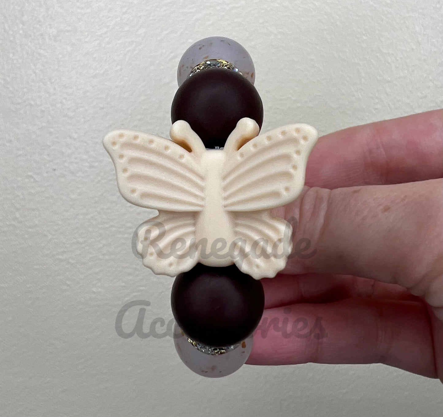 Silicone Charm - Cream Butterfly - Brown/Coconut Gingham