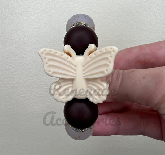Silicone Charm - Cream Butterfly - Brown/Coconut Gingham