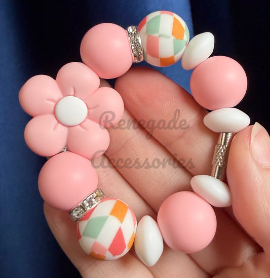 Silicone Charm - Pink Daisy - Pastel Checkers