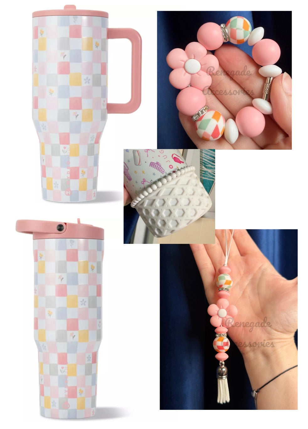 Silicone Charm - Pink Daisy - Pastel Checkers