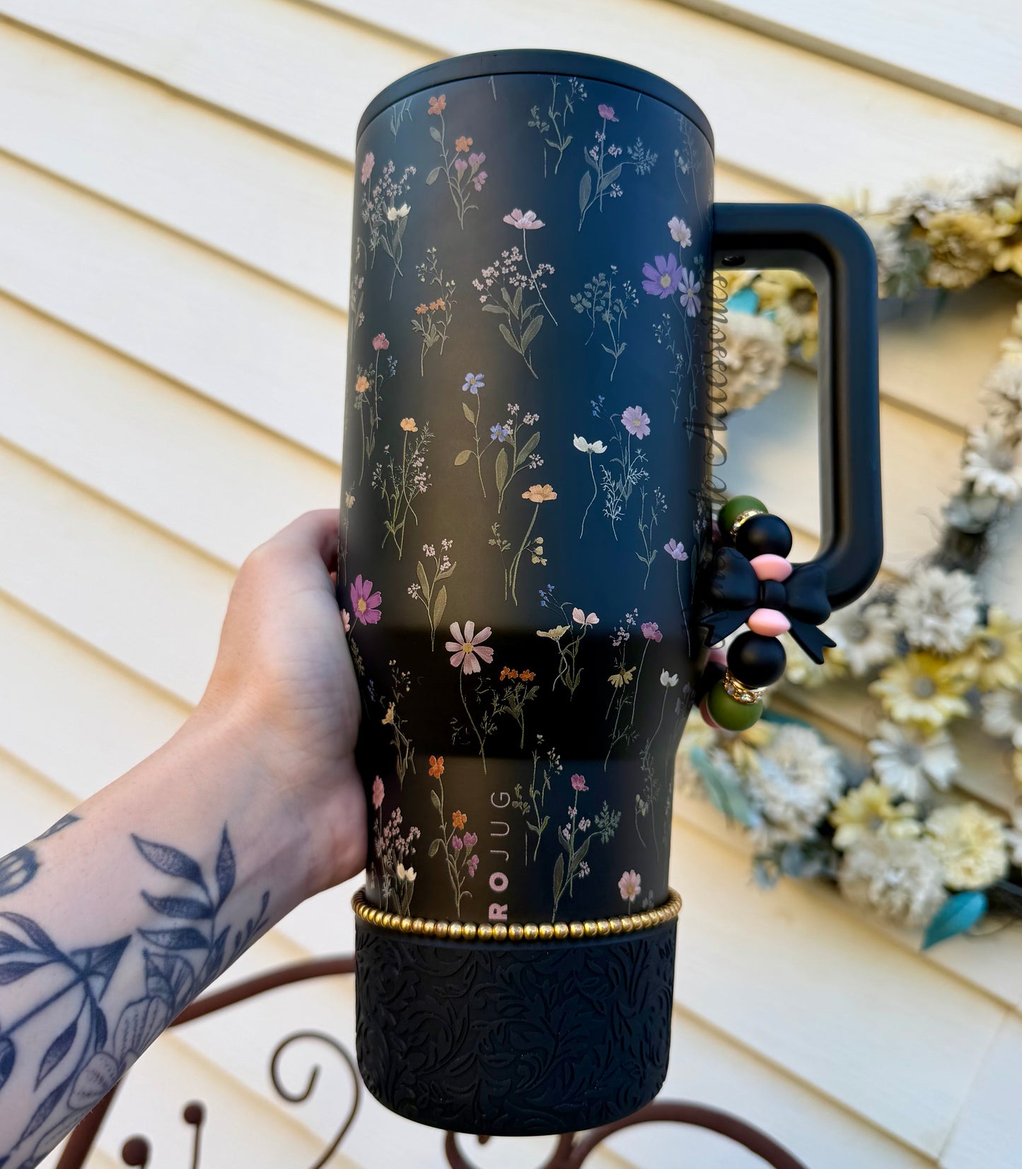 Silicone Charm - Large Black Bow/Midnight Floral