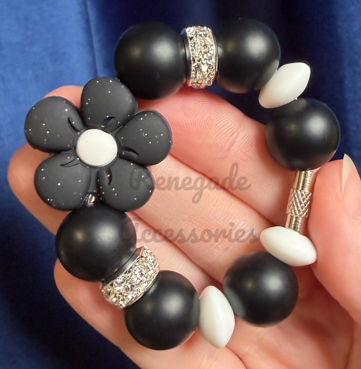 Silicone Charm - Black Glitter Daisy