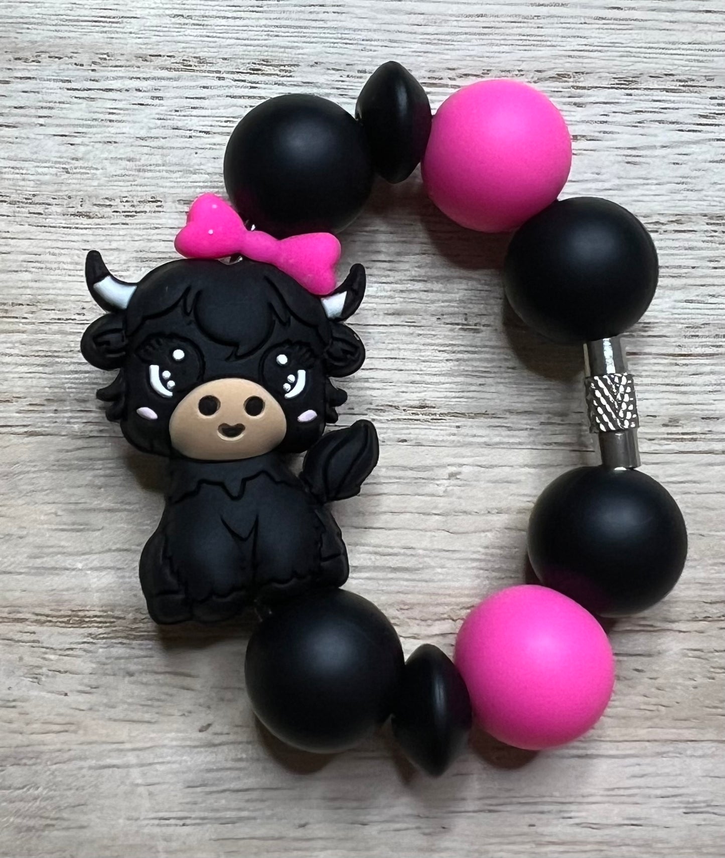 Silicone Charm - Black Cow Pink Bow