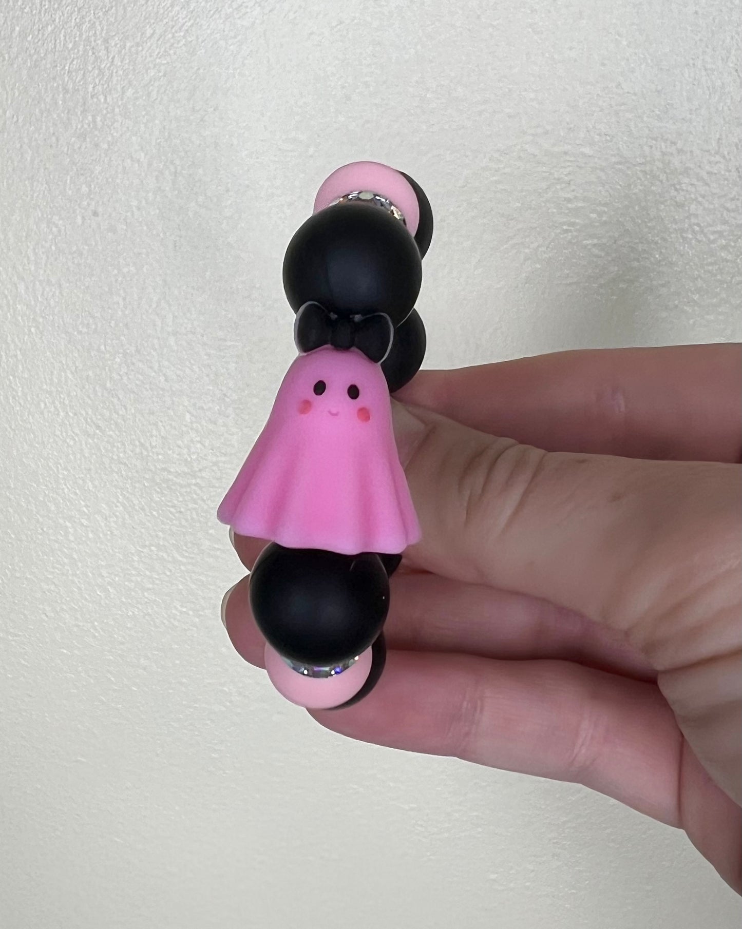 Silicone Charm - Ghost With Bow - Pink & Black