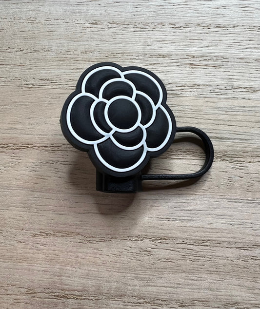 Straw Topper - Black & White Flower