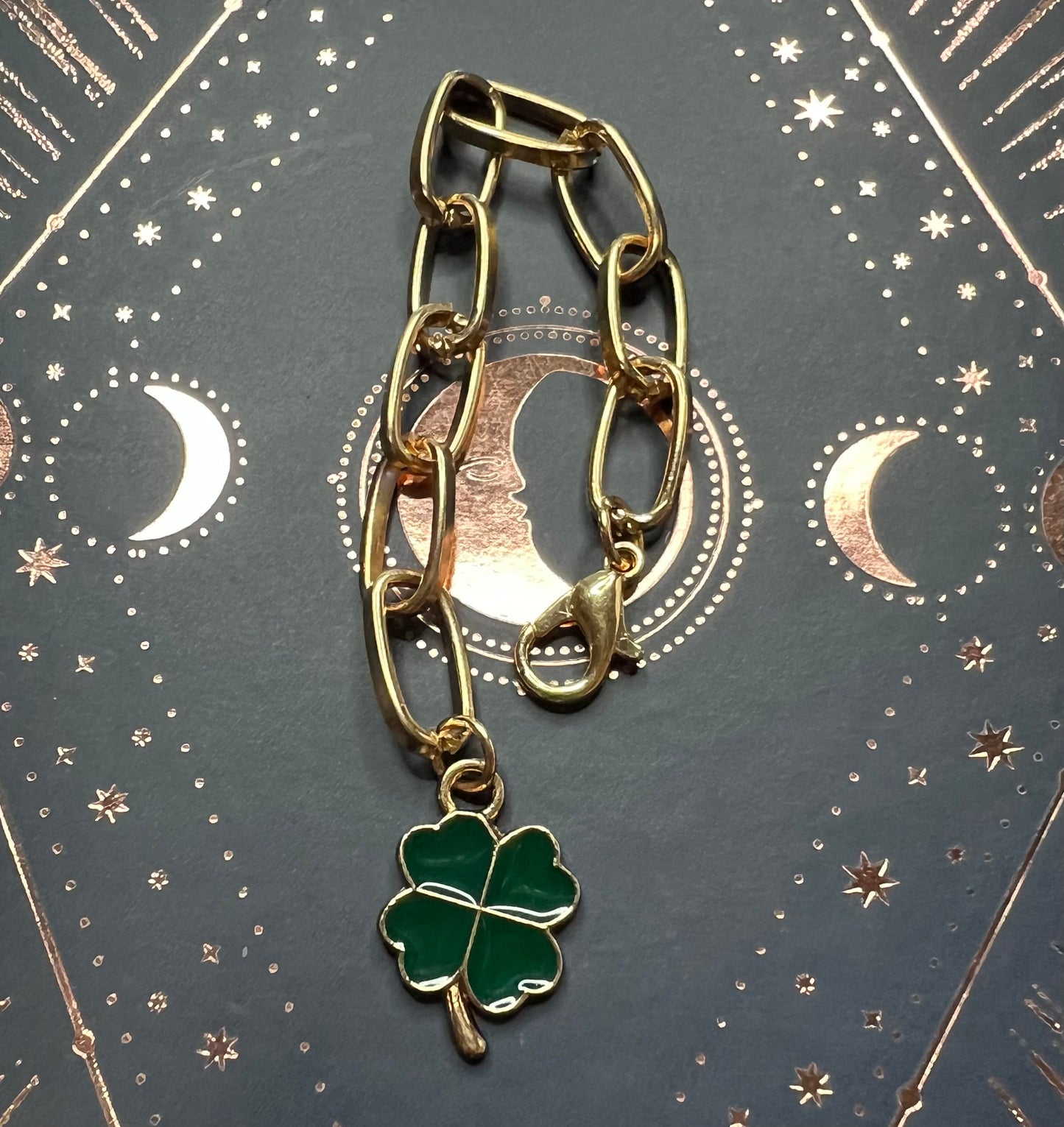 Metal Charm - Forest Green Clover - Gold