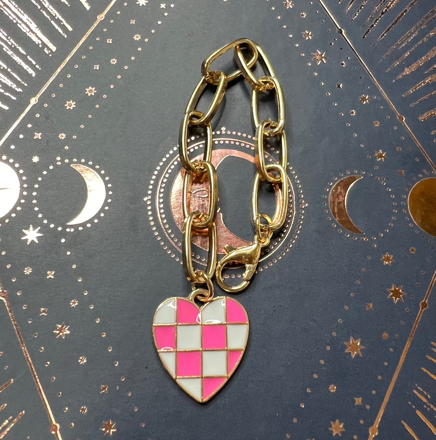 Metal Charm - Pink Checkered Heart - Gold