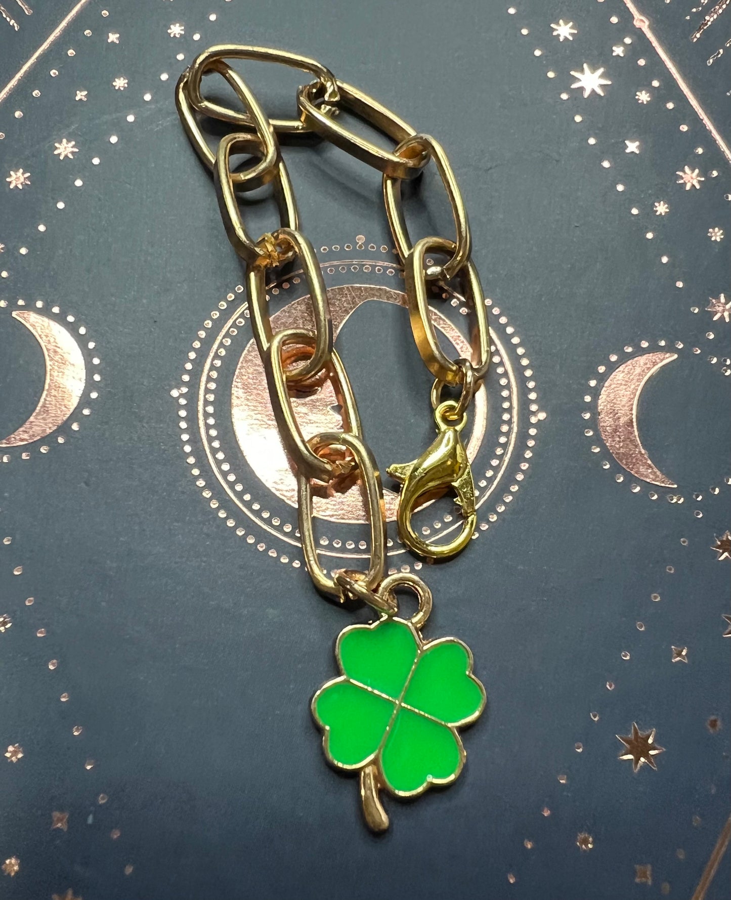 Metal Charm - Lime Green Clover - Gold