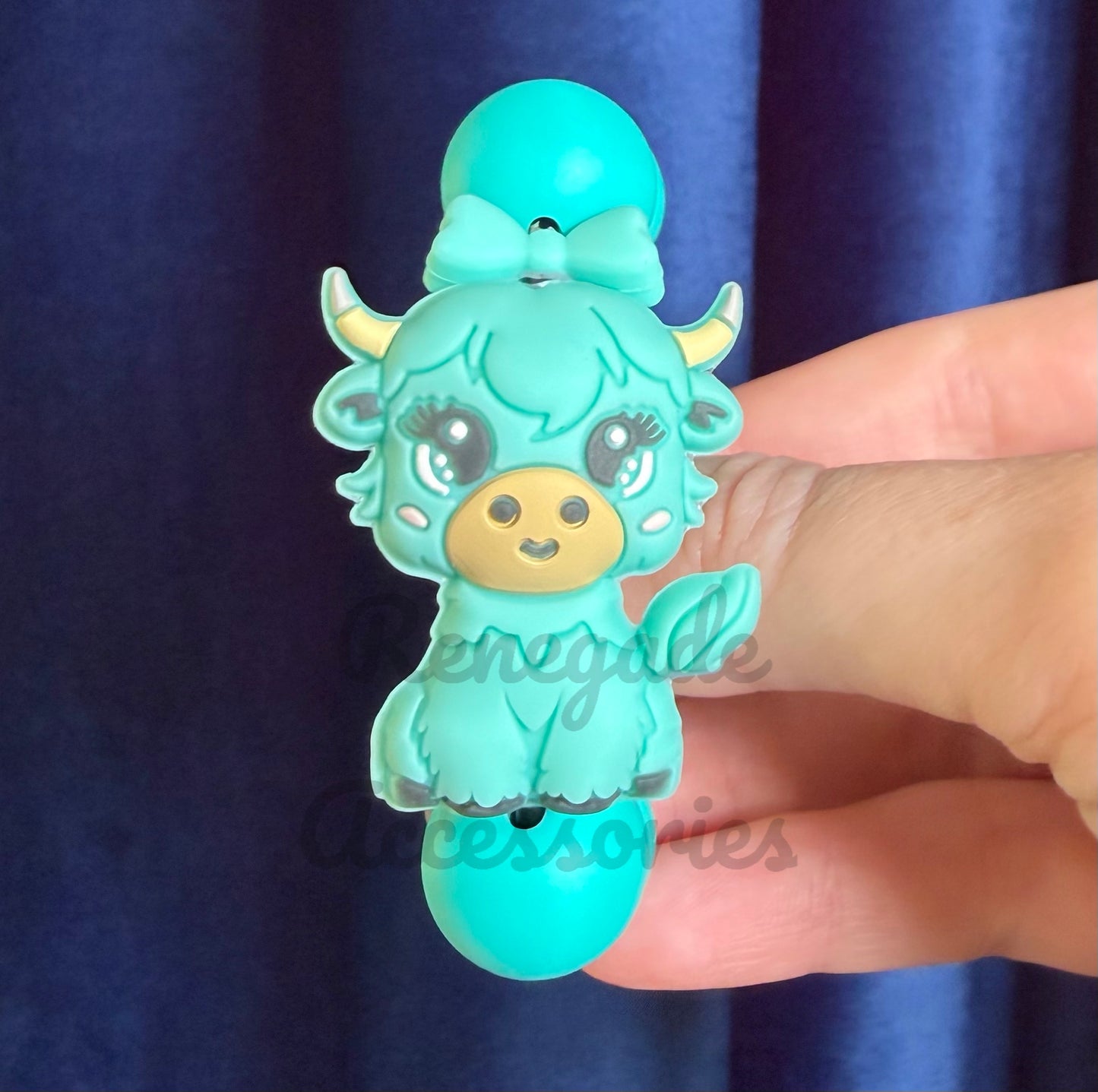Silicone Charm - Turquoise Blue Highland Cow With Bow