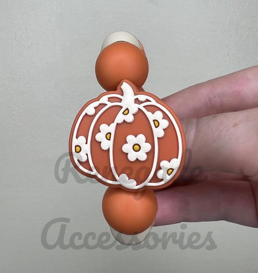 Silicone Charm - Floral Pumpkin/Orange Gingham Beads