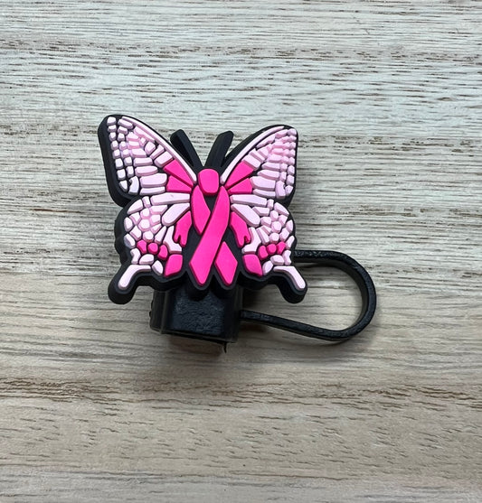 Straw Topper - Breast Cancer Ribbon Butterfly