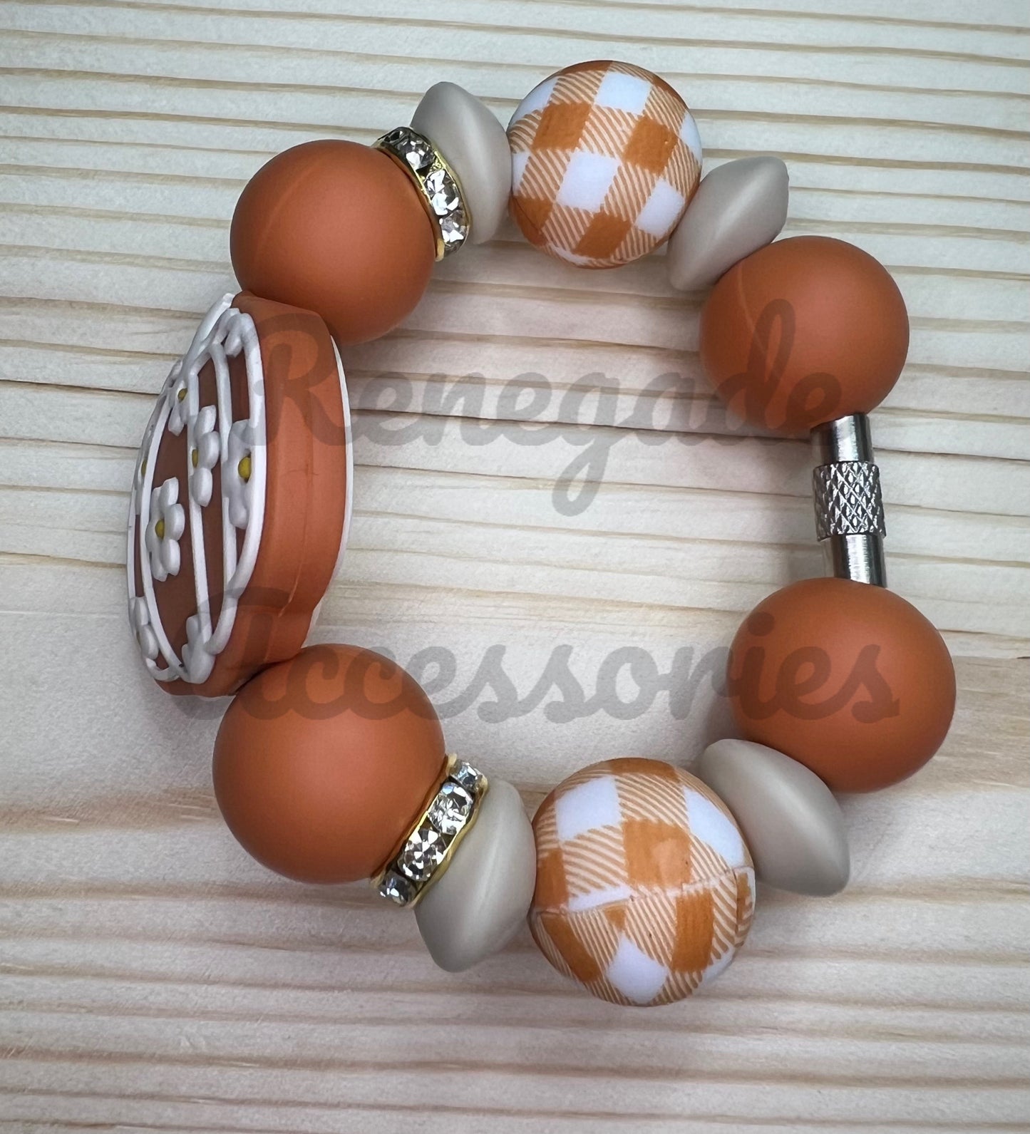 Silicone Charm - Floral Pumpkin/Orange Gingham Beads