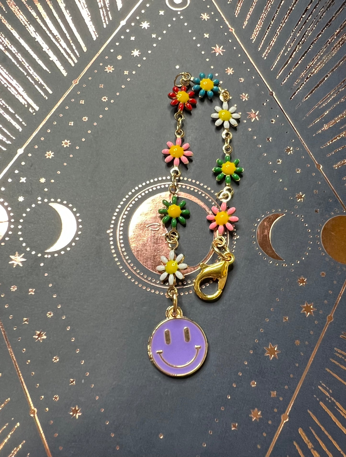 Metal Charm - Purple Smiley - Gold Flower Chain