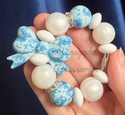 Silicone Charm - Heirloom Blue Peonies Bow