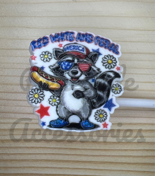 Straw Topper - Red, White, & Feral - Raccoon Hotdog