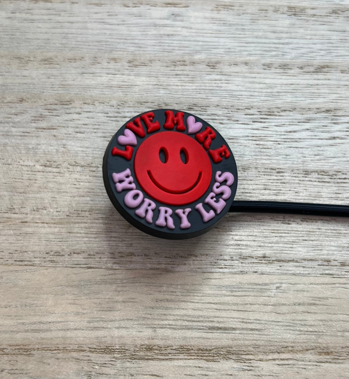 Straw Topper - Love More Worry Less Smiley