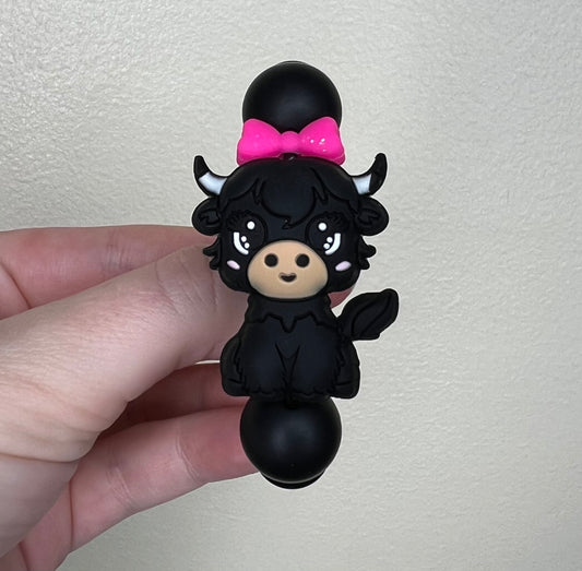 Silicone Charm - Black Cow Pink Bow