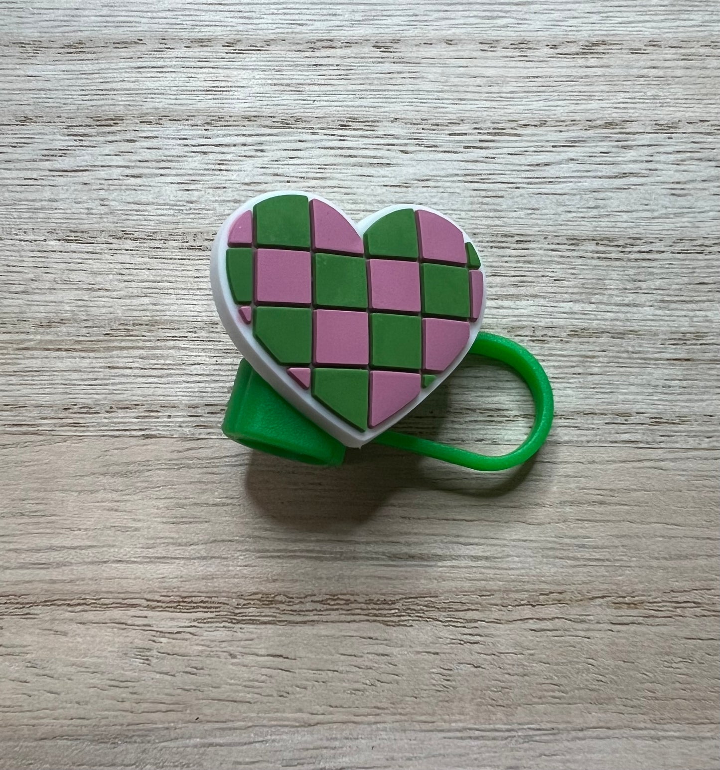 Straw Topper - Green & Pink Checkered Heart