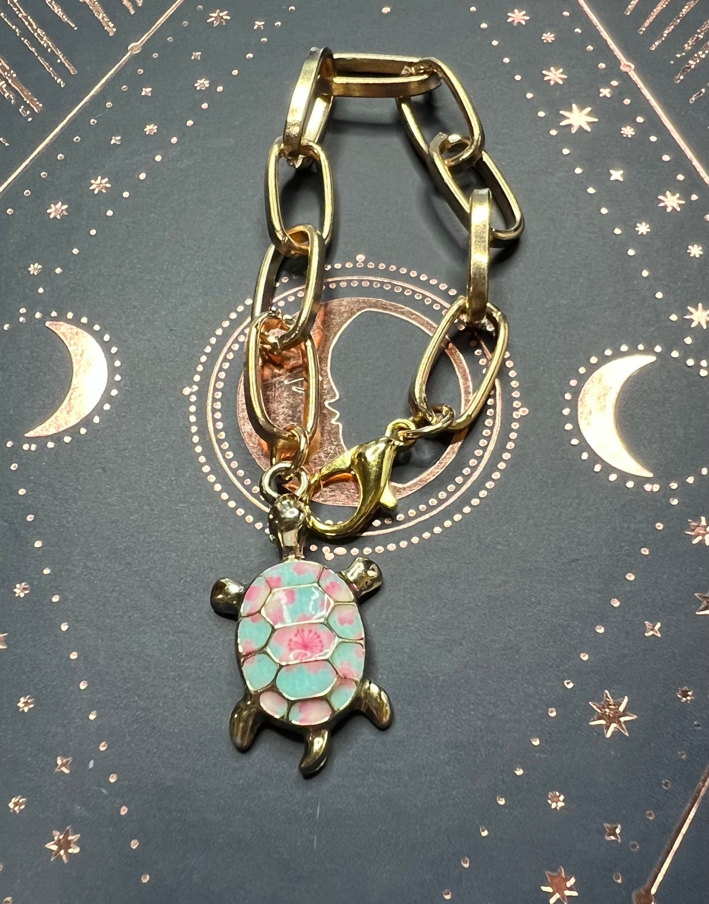 Metal Charm - Blue and Pink Turtle - Gold