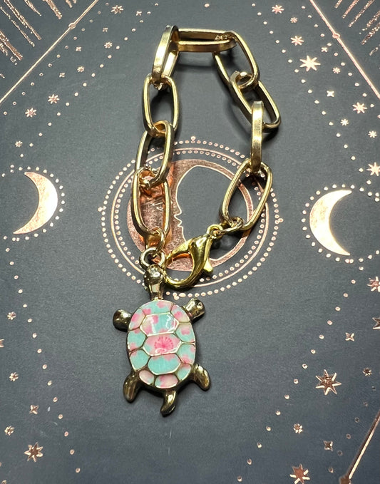 Metal Charm - Blue and Pink Turtle - Gold