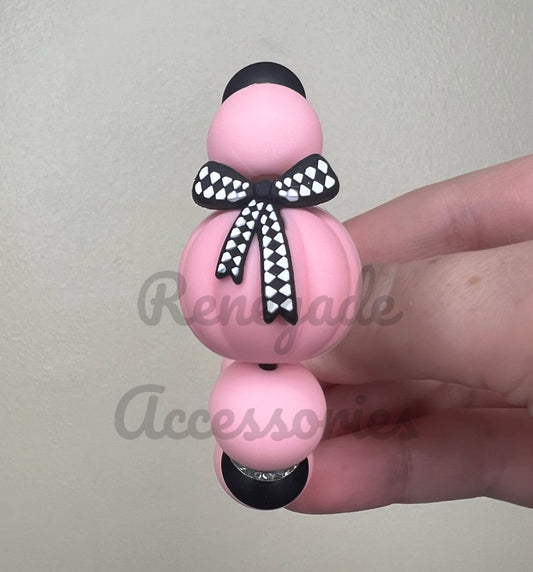 Silicone Charm - Pink Checkered Bow Pumpkin