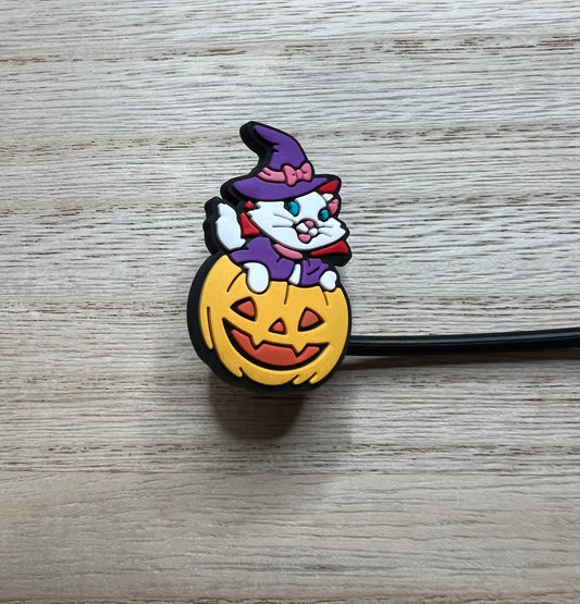 Straw Topper - Witch Cat In Pumpkin