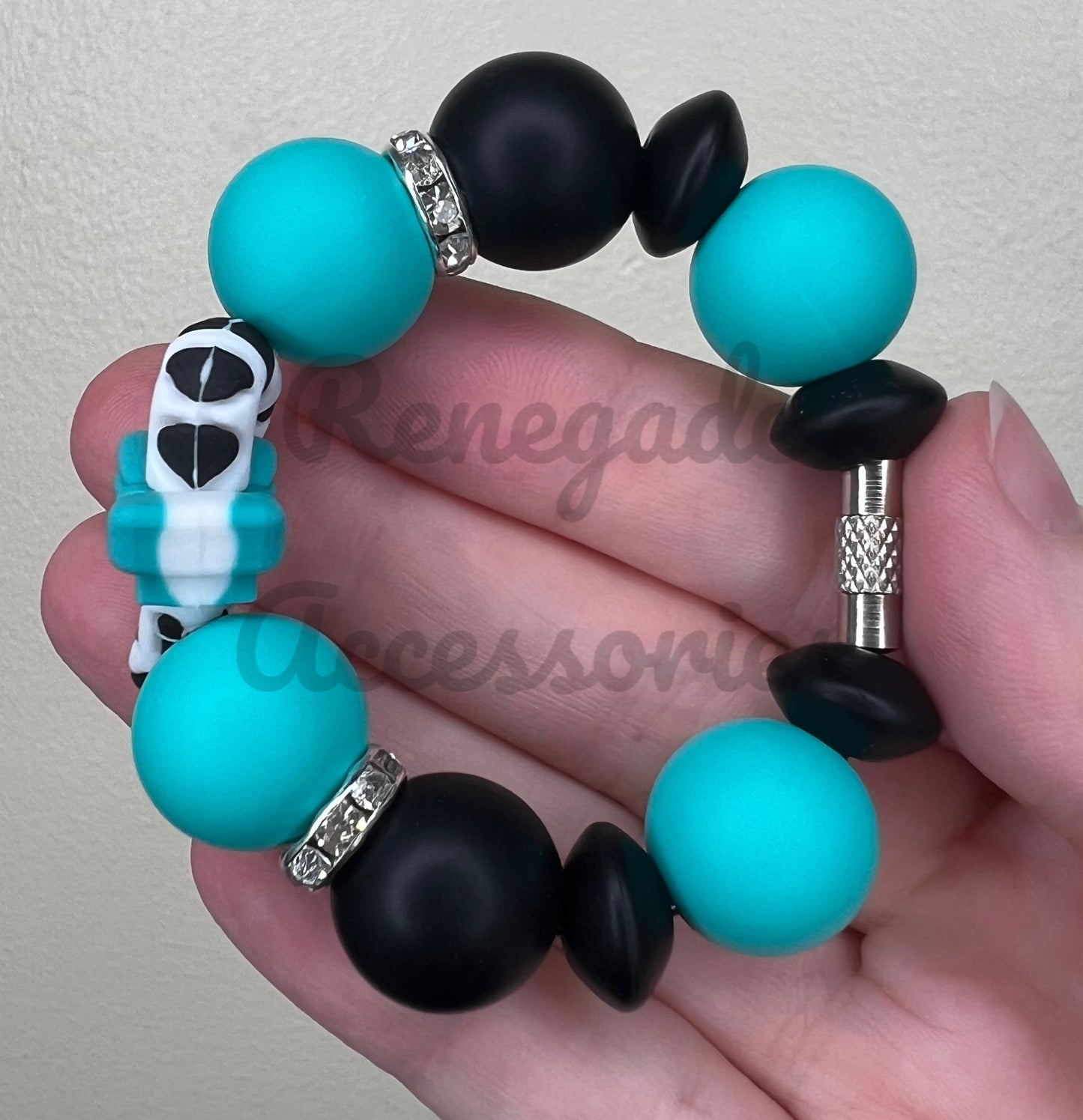 Silicone Charm - Cow Print Candy Cane Turquoise Bow