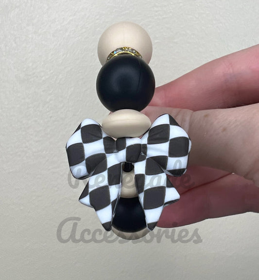 Silicone Charm - Black & White Checkered Bow - Black Tie