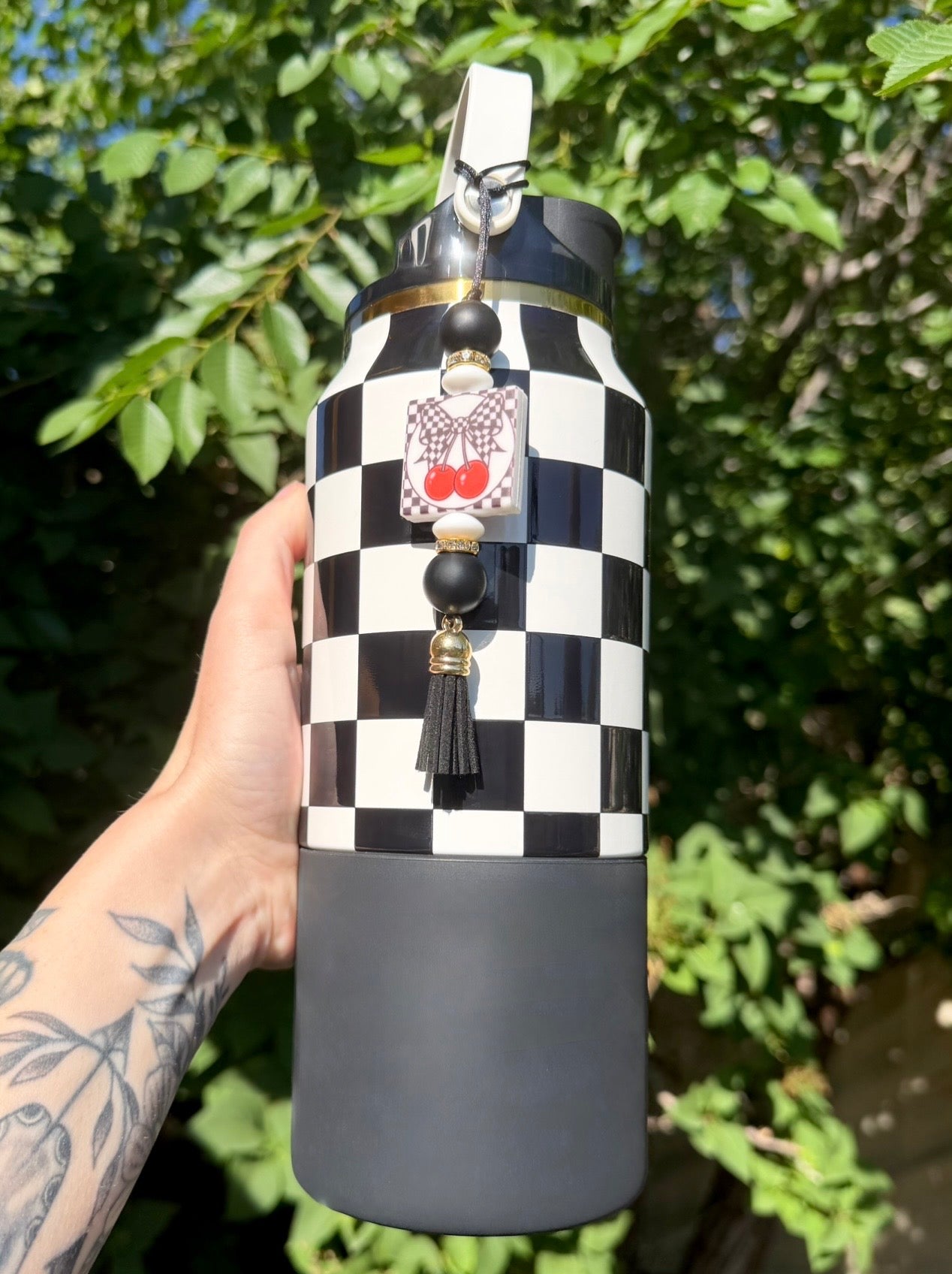 Silicone Charm - Enchanted Charms - Checkered Cherry 🖤32 Oz Sport/Royal Checkers🖤(Shorter Version)