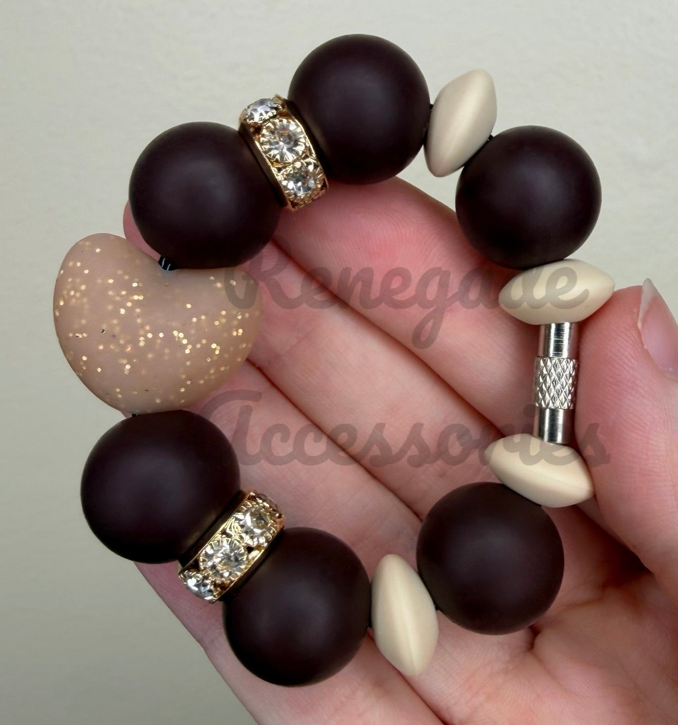 Silicone Charm - Glitter Heart - Brown/Coconut Gingham