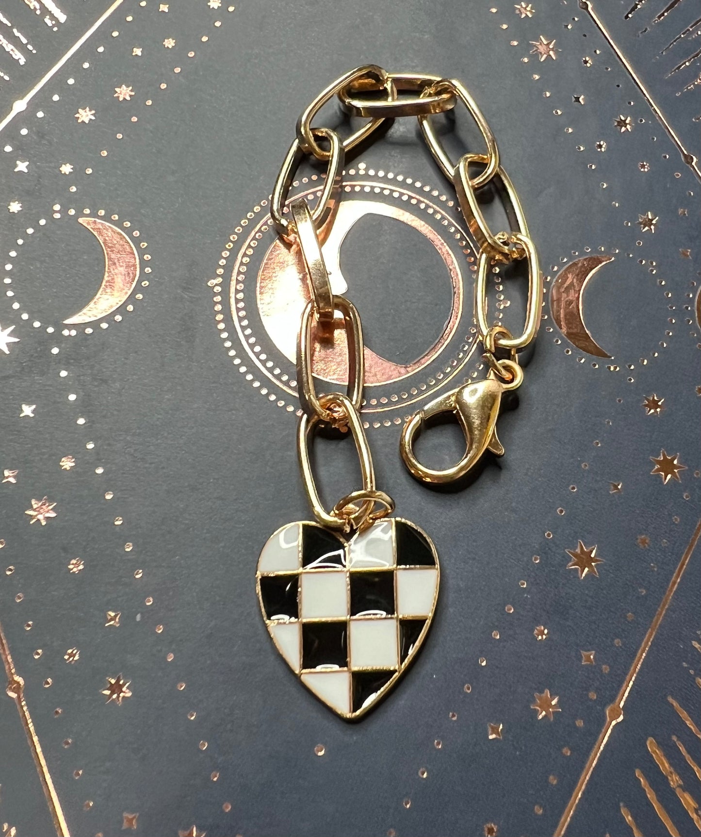 Metal Charm - Black Checkered Heart - Gold